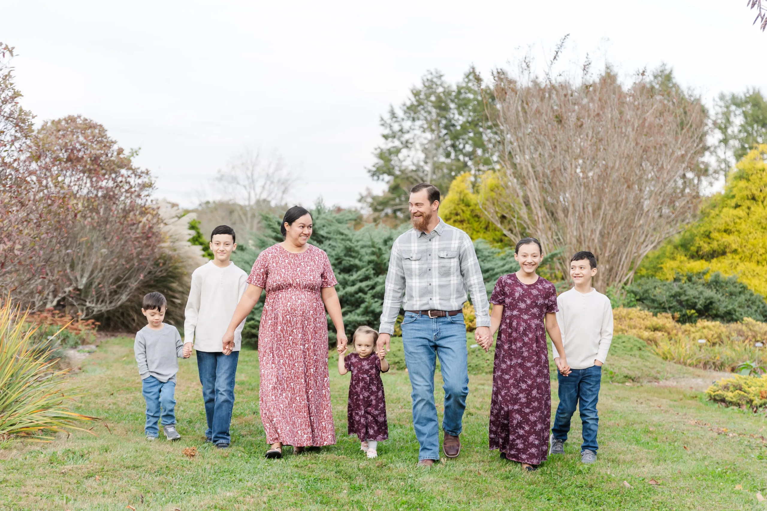 Mennonite family walking and laughing